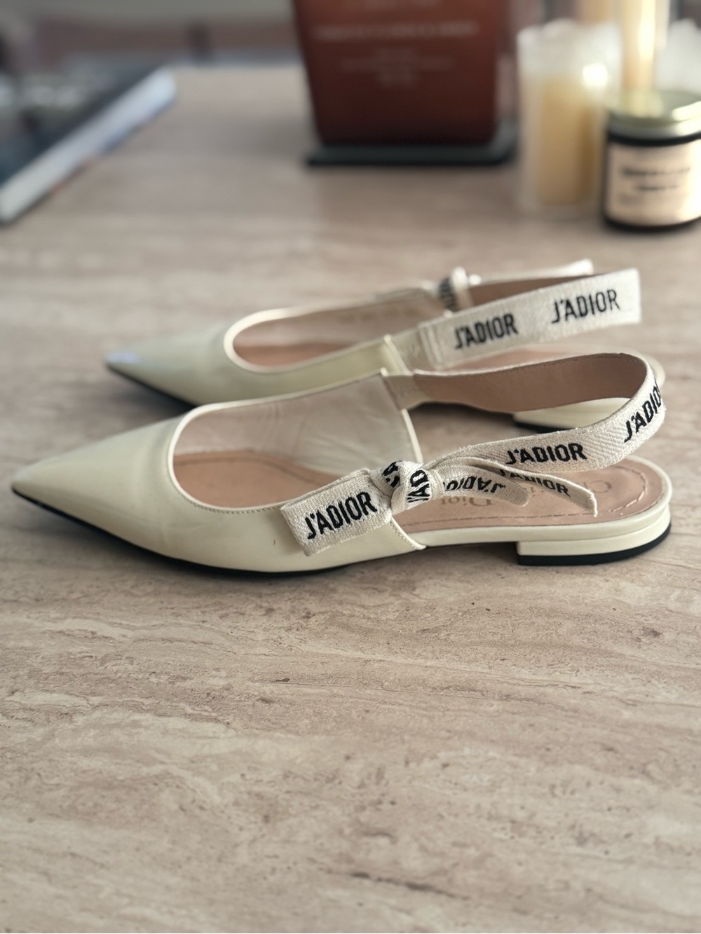 Dior Cream Pointed Slingback Flats with J'ADIOR Strap - Picture 3 of 6